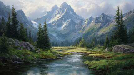 Majestic mountain landscape with serene river flowing through lush green meadows, tall evergreen trees lining the banks under a picturesque blue sky.