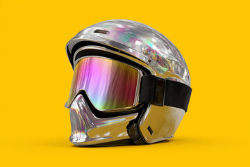 Modern reflective helmet with vibrant visor on bright yellow background showcasing innovative design and striking aesthetics for sports enthusiasts