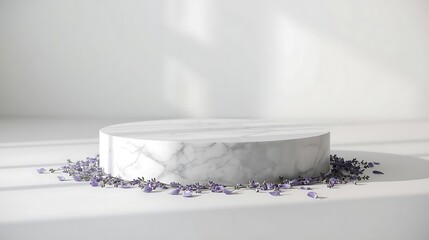  Elegant round marble pedestal with delicate lavender flowers placed around