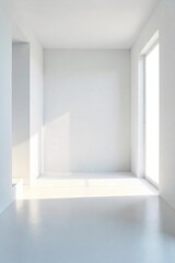 Fototapeta premium A stark white room, bathed in sunlight, minimalist and serene, conveying a sense of peace and finality The image evokes a feeling of quiet departure and the simplicity of the end , pale, end