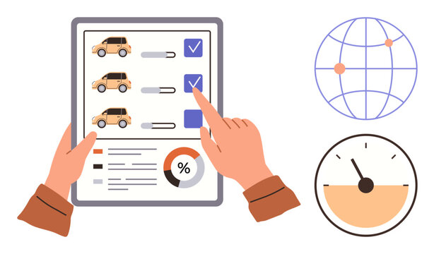 User browsing car comparison checklist on tablet charts and globe reflect global data, speed, and selection analysis. Ideal for car analysis, global trade, e-commerce, technology, reviews