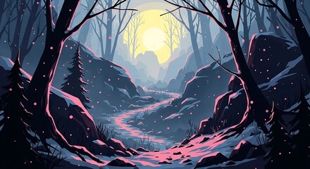 Winter Forest Path Sunlight.