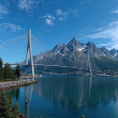 Fjord bridge spanning tranquil waters, mountains rise