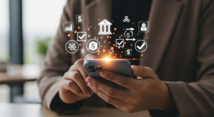 Mobile Banking App Digital Finance Investment Security and Online Business Growth with Smartphone Technology for
