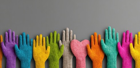 Many colorful hands raised, a symbol of unity and participation