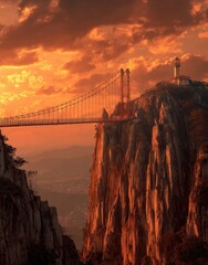 Sunset hues paint a dramatic mountain vista, showcasing a suspension bridge spanning a chasm
