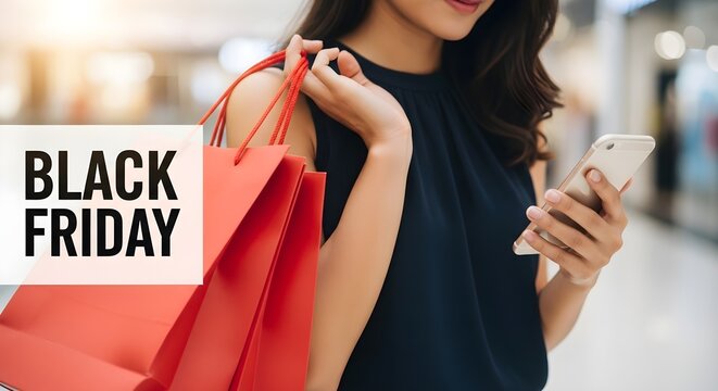 A woman is holding shopping bags and using her phone, with 'Black Friday' text in the background, likely shopping online.