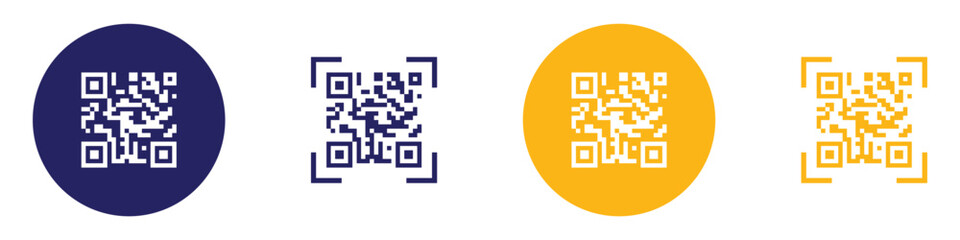 QR code icon vector illustration. Fake template of quick response matrix barcode in square grid. Mobile phone camera readable digital label. Modern white and blue QR code on white background.
