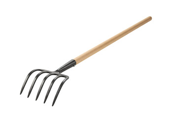 Gardening Tool FourTine Garden Rake with Wooden Handle isolated on transparent background