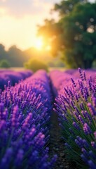 Fototapeta premium Serene Lavender Fields Soft Sunlight, Spiritual Calm, Perfect for Meditation and Relaxation