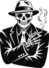Skeleton in suit with fedora, smoking cigarette, noir style illustration, confident pose, monochrome design, rebellious character, death symbolism, graphic art concept