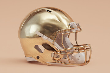 Fototapeta premium Modern football helmet designed in shiny gold color with sleek visor, showcasing contemporary craftsmanship and innovative design elements for sports enthusiasts