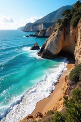 Obraz premium Sun-drenched coastal rocks meet the turquoise ocean waves, creating a stunning natural landscape Perfect for travel, nature, and geology enthusiasts , sand, geology