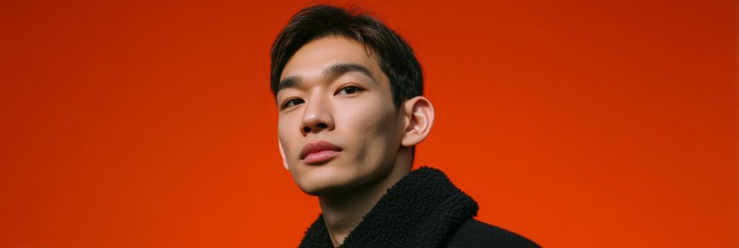 Asian man gazes confidently against vibrant backdrop, celebrating global Singles' Day and eccentric Capybara Appreciation Day
