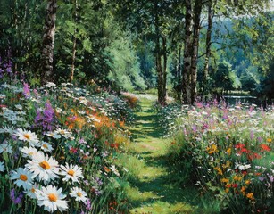 Sunlit forest path, vibrant wildflowers
