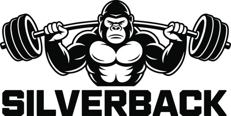 Muscular gorilla lifting barbell, strength training concept, monochrome gym mascot, silverback power logo, fitness motivation, bold animal illustration, workout branding design © Mahmud's World