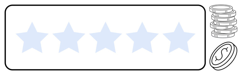Five stars representing high quality and customer satisfaction, paired with coins to indicate value, success, and rewards. Ideal for reviews, feedback, e-commerce, finance, achievements