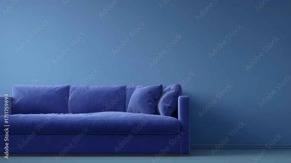 Poster a serene azure couch floats in minimalist tranquility, embodying blue monday introspection and the w