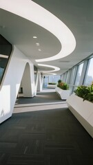 Obraz premium Modern architectural interior with curved white structures, large windows, and indoor planters in a well-lit corridor