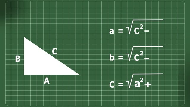 Pythagorean theorem illustrated with right-angled triangle and formulas.
