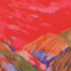 Mountains. Hand painted landscape. Colored pencils on paper. Versatile artistic image for creative design projects: posters, banners, websites, cards, prints, wallpapers. Artist-made art.