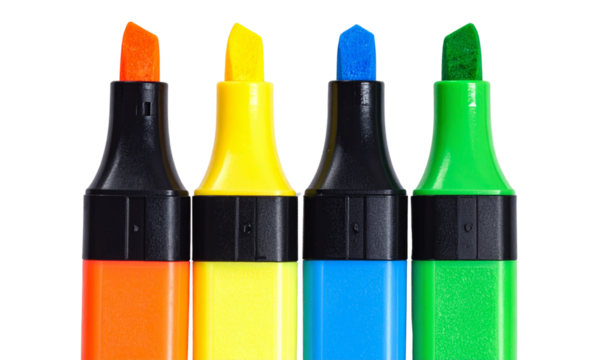 Set of four colorful highlighter pens in various hues isolated on a transparent background, PNG. High resolution.