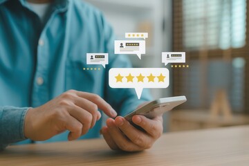 Customer rating review interface with five stars,hand using smartphone to provide online feedback and testimonial on service experience