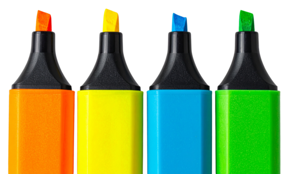 Set of four colorful highlighter pens in various hues isolated on a transparent background, PNG. High resolution. - Powered by Adobe