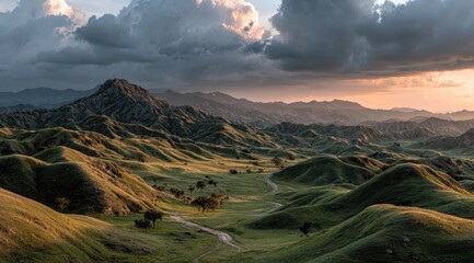 Mountain valley at sunset, rolling hills