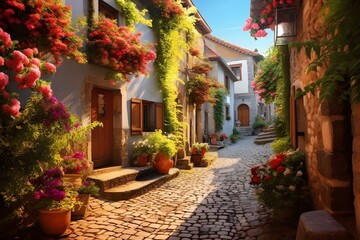 Naklejka premium Charming cobblestone alleyway in a picturesque European village, historic architecture, quaint narrow street, 8K high-resolution travel photography, scenic old-town charm