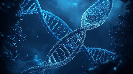 DNA close-up on dark blue background. View under the microscope. Generative ai