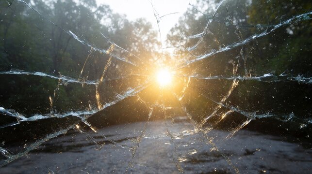 Cracked windshield catching fiery dawn, nature meets human fragility, reminiscent of Perihelion Day, a cosmic dance of renewal