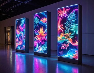 Futuristic NFT Showcase: Glowing Digital Art Displays