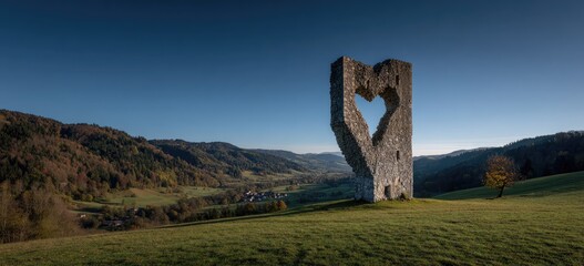 Stone heart sculpture in valley landscape