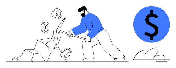 Man with pickaxe extracting coins with currency signs from rocks. Ideal for investment, mining, digital economy, wealth growth, financial strategy, fintech, business innovation. Simple flat metaphor