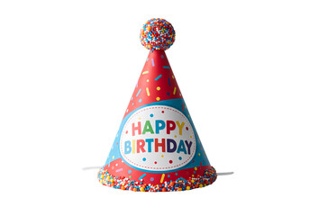 Colorful Happy Birthday Party Hat with Confetti isolated on transparent background