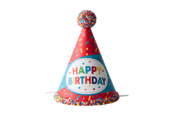 Colorful Happy Birthday Party Hat with Confetti isolated on transparent background