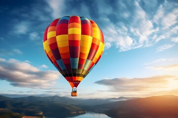 Fototapeta premium Mesmerizing hot air balloon taking flight against clear sky, colorful balloon, adventure travel, high-resolution 8K aerial photography, scenic ballooning experience
