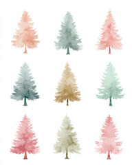 Obraz premium Printable sheet of 9 pastel watercolor christmas trees for children in soft pink, mint, beige and light green tones on white background, cute and minimal design for crafts and decor