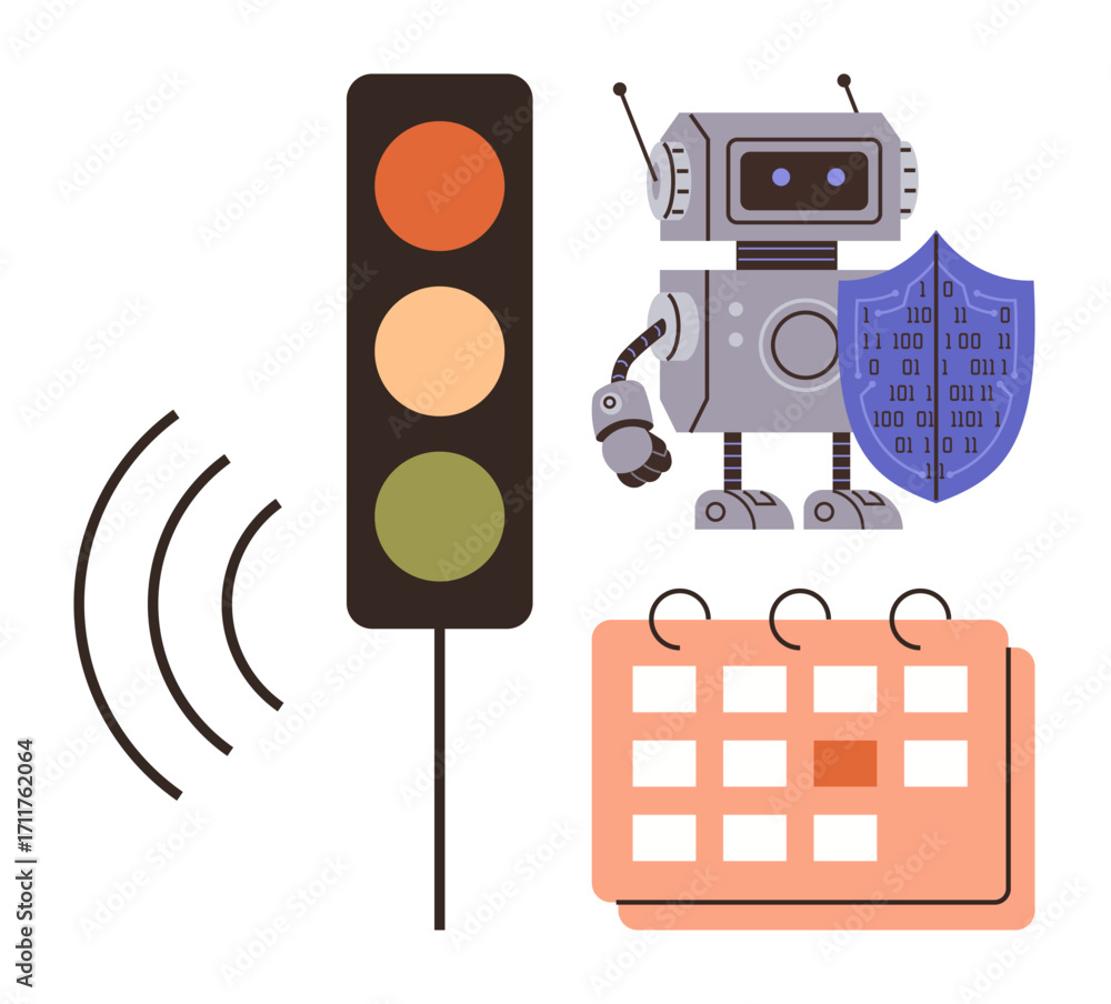 Poster robot holding a shield with binary code, stoplight indicating signals, and calendar icons for planni