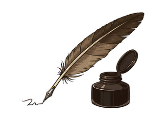 Quill Pen and Inkwell Writing Calligraphy Vintage Stationery isolated on transparent background