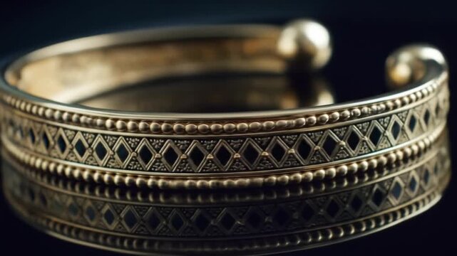 Ornate gold bangle bracelet with intricate black detailing, showcasing a beautiful craftsmanship.
