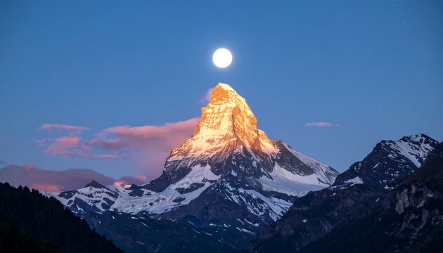 Matterhorn Mountain Peak Bathed in Moonlight - A Majestic Alpine Scene.