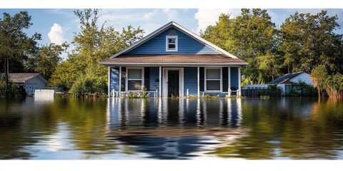 Fototapeta premium House surrounded by floodwaters from a hurricane, symbolizing crisis, property damage, and disaster response efforts. The image focuses on natural disaster impact and emergency, Generative AI