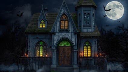 A spooky house at night A haunting illustration of a gothic mansion, full moon, and bats