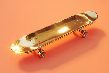 Shiny golden skateboard with sleek design reflecting light on vibrant orange backdrop showcasing modern street culture and style