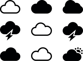Collection of diverse cloud icons representing weather conditions and forecasts