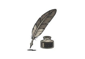 Elegant Quill Pen and Inkwell Perfect for Writing Literature and Retro Designs isolated on transparent background