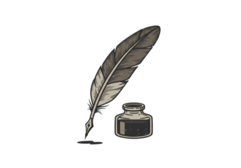 Elegant Quill Pen and Inkwell Perfect for Writing Literature and Retro Designs isolated on transparent background