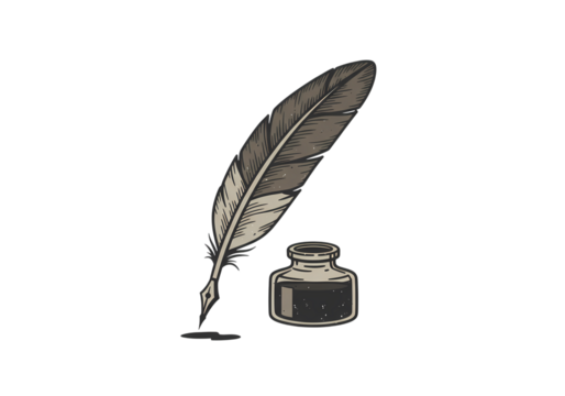 Elegant Quill Pen and Inkwell Perfect for Writing Literature and Retro Designs isolated on transparent background